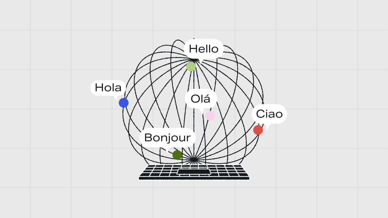 A laptop with speech bubbles saying hello in different languages surrounds a globe-like wireframe, representing WordPress Multilingual capabilities.
