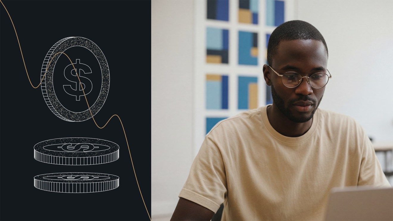 A man works on a laptop next to an illustration of coins with dollar signs and a rising trend line, highlighting the benefits of enterprise content management.