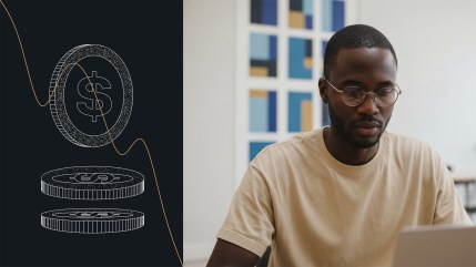 A man works on a laptop next to an illustration of coins with dollar signs and a rising trend line, highlighting the benefits of enterprise content management.