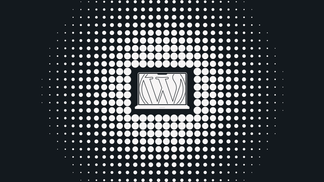 WordPress logo in the center of a black background with a pattern of white, fading circular dots, evoking the sophistication of enterprise WordPress hosting solutions.