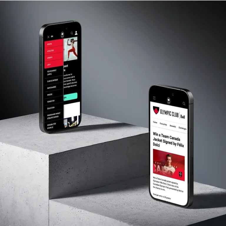 Two smartphones showing the Canadian Olympic Club mobile site — one with a navigation menu, the other featuring a contest with Félix Dolci.
