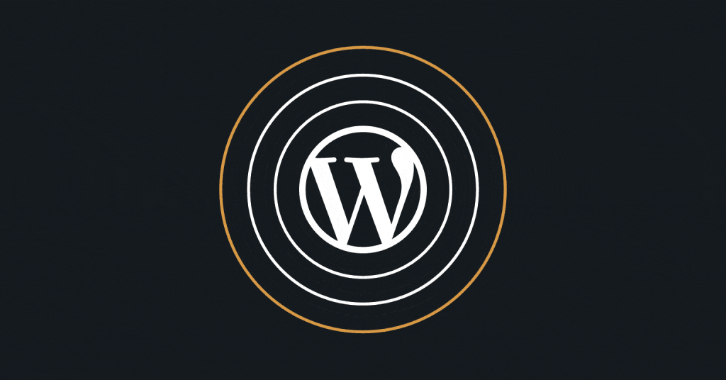 White WordPress logo with concentric circles on a dark background, outlined by a gold ring.