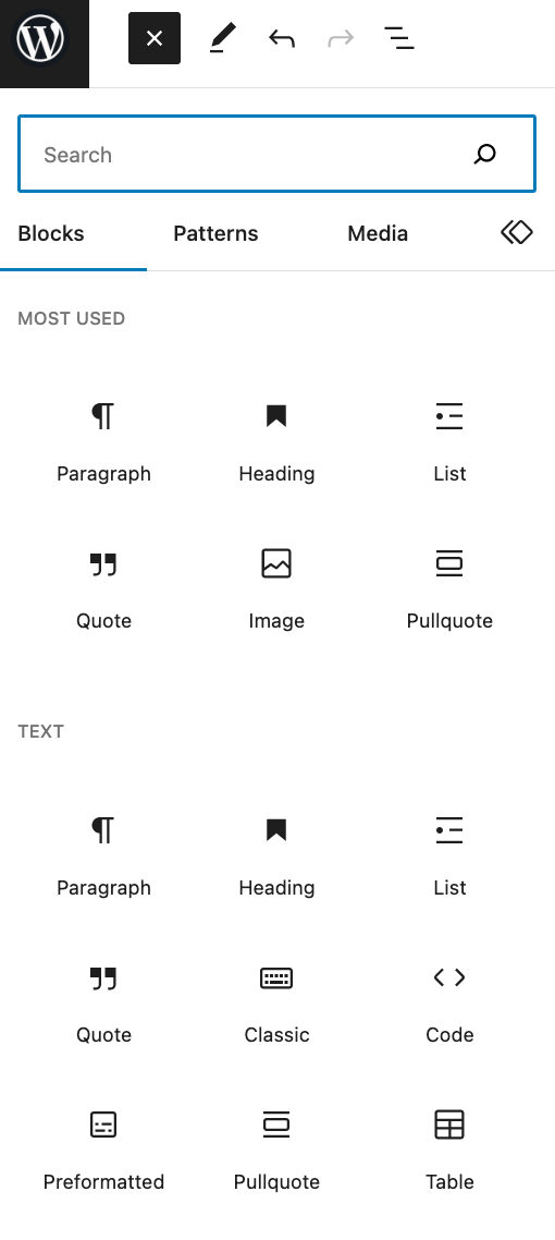 Left sidebar of the WordPress admin, with a list of blocks available to use