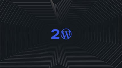 Blue number 20 and WordPress logo centered on a dark, abstract, geometric background with outlined shapes, celebrating the WordPress birthday.