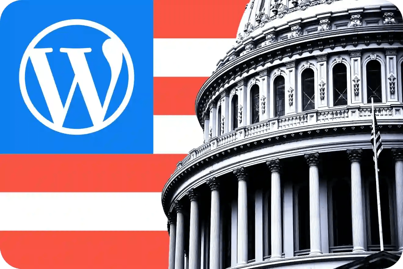 WordPress logo and part of the US Capitol dome over a red and white striped background, highlighting the power of WordPress for government use.