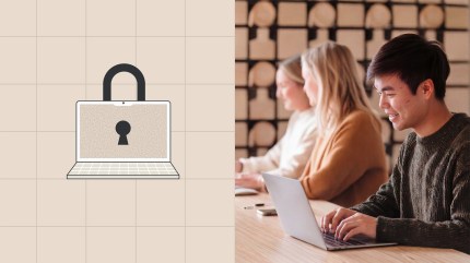 An illustration of a lock symbol on a laptop sits beside people working at a table, representing good governance and digital security in collaborative WordPress block themes.