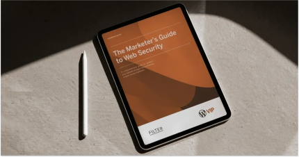 Tablet displaying The Marketers Guide to Web Security ebook and a white stylus on a light surface, perfect for anyone seeking an essential guide to web security.