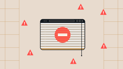 Illustration of a blocked web browser window with warning icons and a large do not enter symbol.