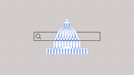A search bar with a magnifying glass icon overlaid on a blue and white U.S. Capitol dome illustration, evoking the architecture of government institutions.