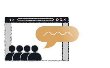 Team collaborating in front of digital solution dashboard with shared conversation bubble above browser window.