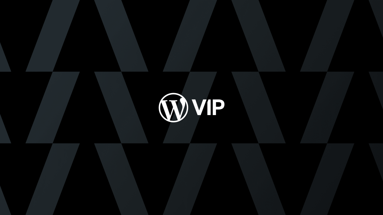 WordPress VIP logo centered on a black background with a pattern of dark, overlapping triangles.