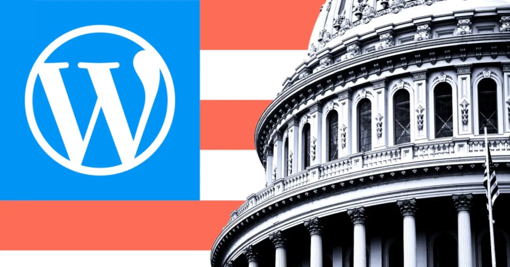 WordPress logo next to U.S. Capitol dome, representing digital publishing and governance on WordPress platform.