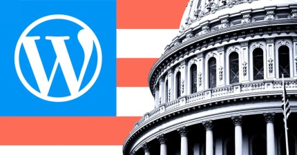 WordPress logo next to U.S. Capitol dome, representing digital publishing and governance on WordPress platform.