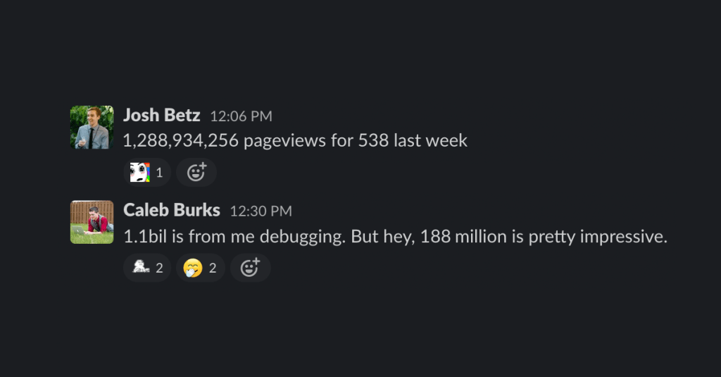 Josh Betz "1,288934,256 pageviews for 538 weeks" Caleb Burks "1.1bil is from me debugging. But hey, 188 million is pretty impressive."