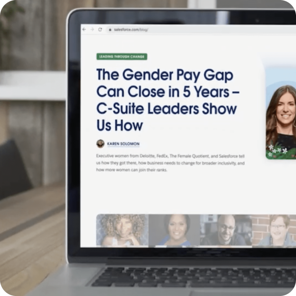 Laptop showing digital publishing platform article on gender pay gap, representing editorial content management solution.