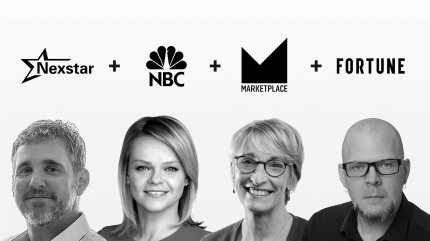 Logos of Nexstar, NBC, Marketplace, and Fortune above headshots of four speakers, representing a webinar panel on digital transformation featuring executives from major media organizations.
