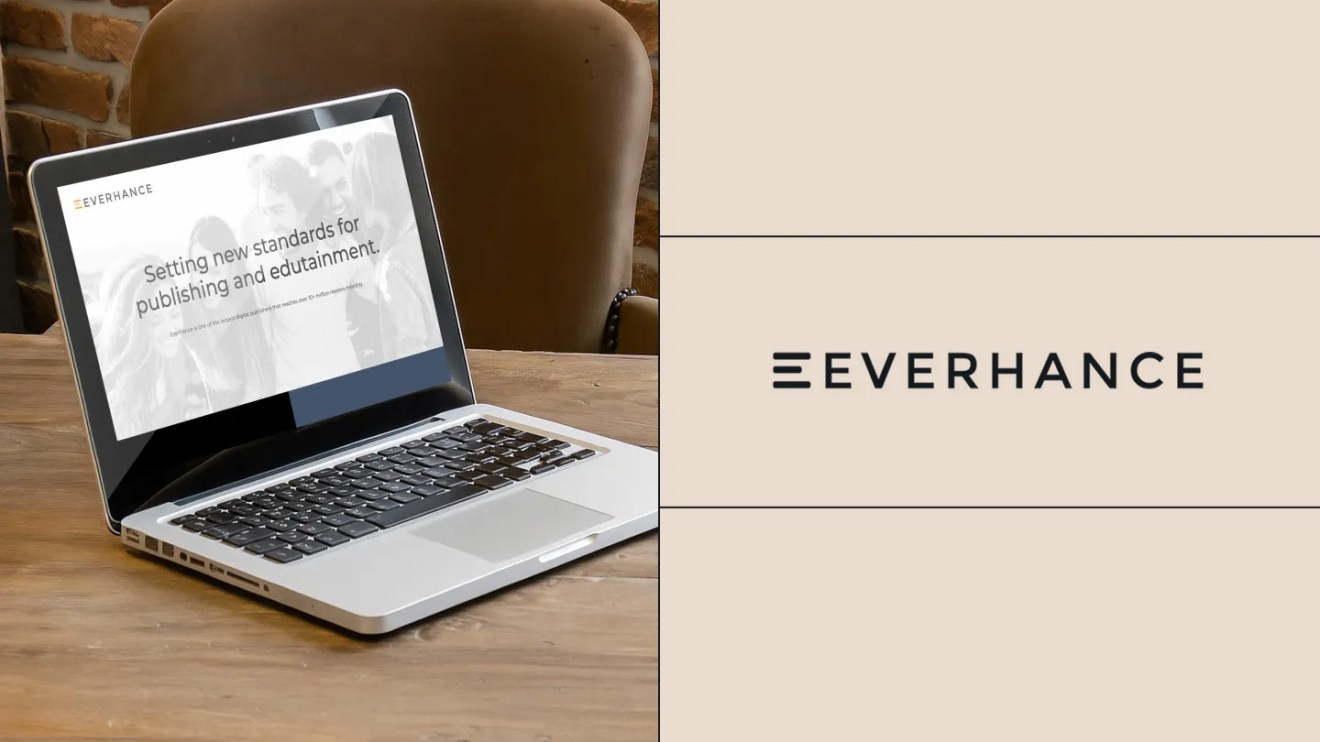 Split layout image showing a laptop on a wooden table displaying the Everhance website with the tagline “Setting new standards for publishing and edutainment.” On the right side, the Everhance logo appears on a beige background with minimalist black text and three stacked horizontal bars.