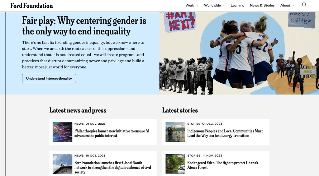 Screenshot of Ford Foundation website showcasing latest news articles and stories