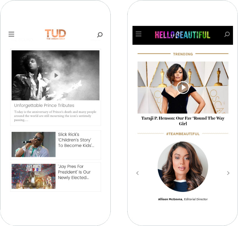 Two mobile screens display celebrity news content within a digital solution publishing experience.