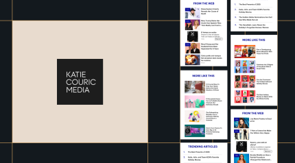 Split layout featuring Katie Couric Media branding and related content modules. On the left, a beige panel displays a black square with the “Katie Couric Media” logo. On the right, stacked website sidebar sections show “From the Web,” “More Like This,” and “Trending Articles,” with thumbnail images and headlines highlighting curated news, lifestyle, shopping, and entertainment content.