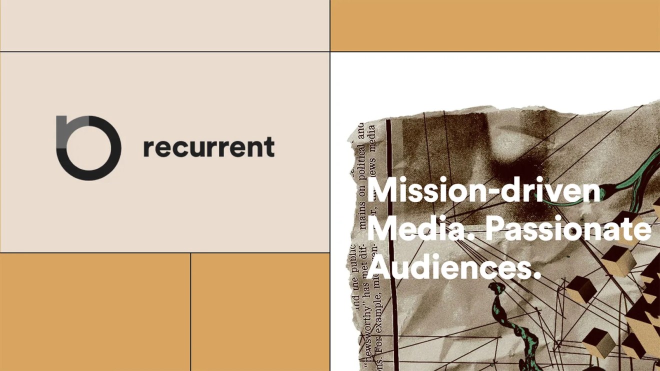 Split-screen graphic featuring the Recurrent logo on the left—an abstract circular mark with the word “recurrent” in black on a beige background—and a textured collage on the right showing torn newspaper, green and black abstract lines, and 3D cube shapes. Overlaid white text reads “Mission-driven Media. Passionate Audiences.” The composition uses a modern, editorial aesthetic with warm tan and ochre tones.