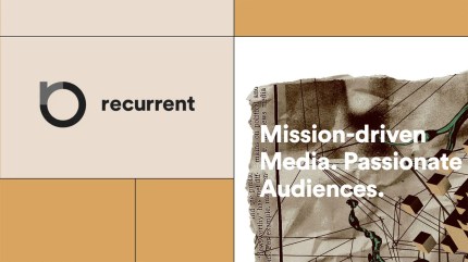 Split-screen graphic featuring the Recurrent logo on the left—an abstract circular mark with the word “recurrent” in black on a beige background—and a textured collage on the right showing torn newspaper, green and black abstract lines, and 3D cube shapes. Overlaid white text reads “Mission-driven Media. Passionate Audiences.” The composition uses a modern, editorial aesthetic with warm tan and ochre tones.
