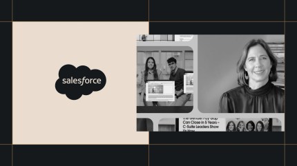 Split-screen visual featuring the Salesforce logo on a beige background to the left, and black-and-white photos on the right showing people using digital tools and a woman smiling on a video call. The layout includes a grid design with dark and gold accent lines.