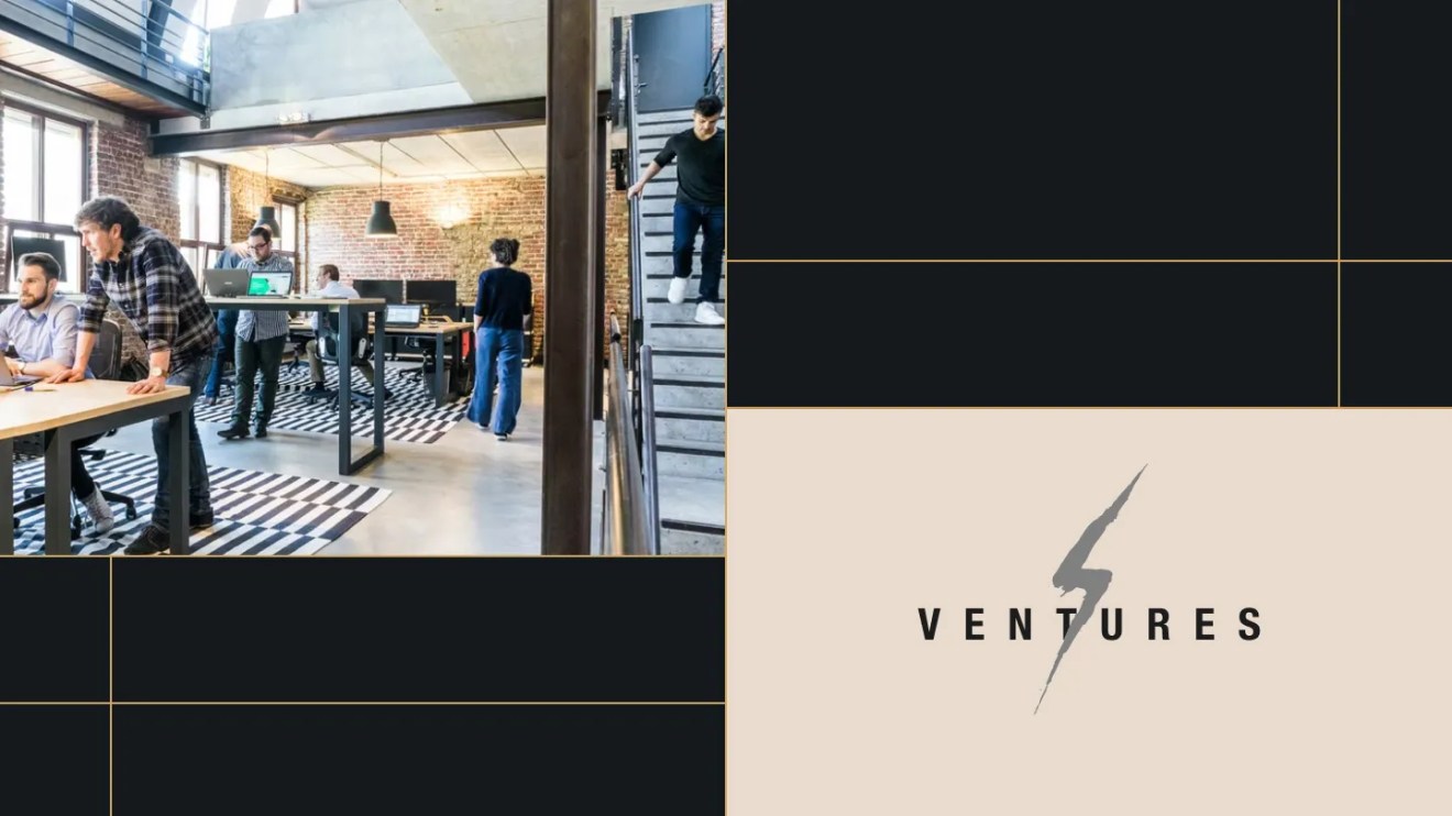 Split layout image featuring a modern open office with exposed brick walls and collaborative workspaces on the left, and a bold dark background on the right with the Savage Ventures logo—a lightning bolt over the word “VENTURES”—set against a beige panel.