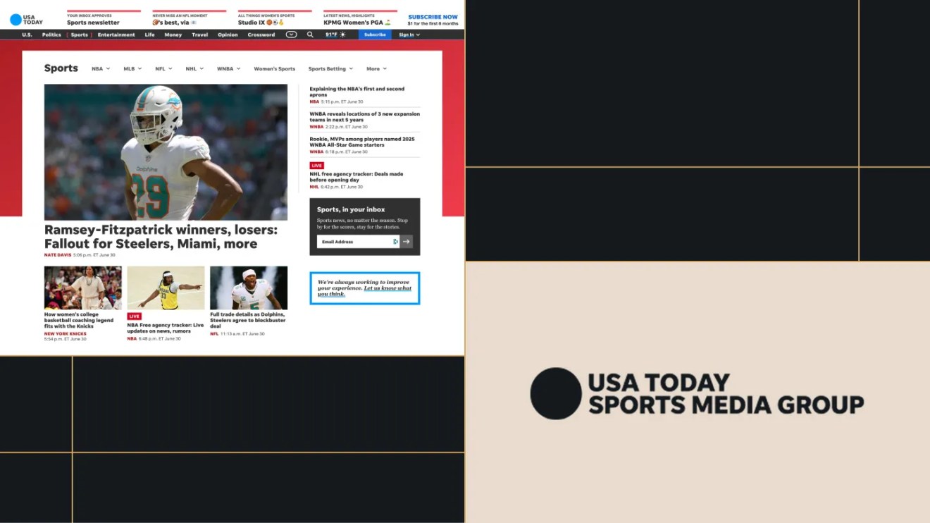 USA Today Sports Media Group case study visual showing the sports homepage featuring NFL and NBA headlines alongside the brand logo, illustrating digital publishing success with WordPress VIP.