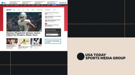 USA Today Sports Media Group case study visual showing the sports homepage featuring NFL and NBA headlines alongside the brand logo, illustrating digital publishing success with WordPress VIP.