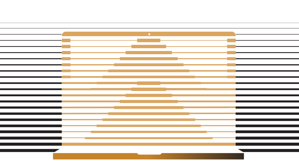 Stylized golden laptop with pyramid design, representing digital solution content and editorial workflow.