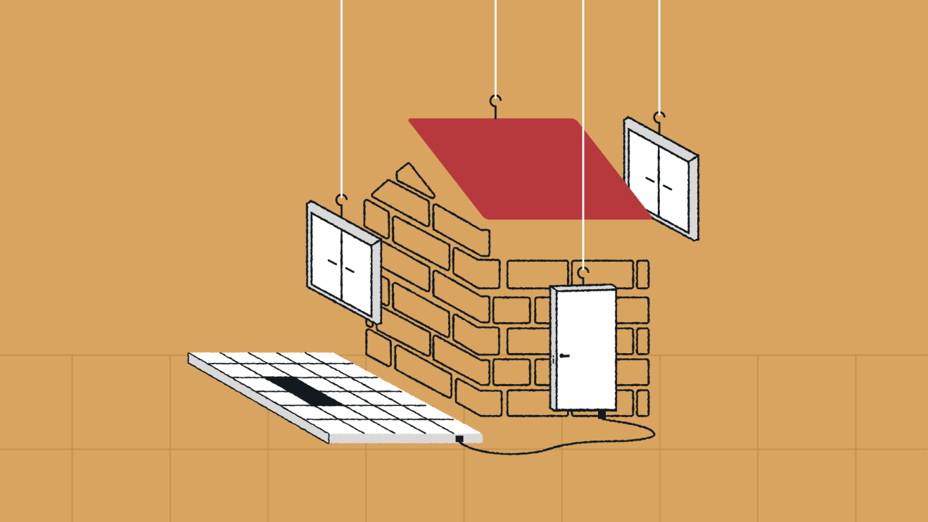Illustration of a small isometric brick house being assembled like modular parts, representing a headless CMS architecture: a brick structure sits in the center while the roof, windows, and door hang from hooks above, ready to be placed. A tiled floor panel is positioned on the left, connected by a cable, suggesting it can be moved or swapped.