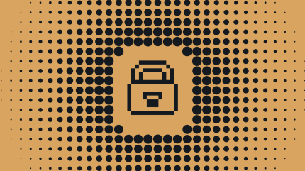 Pixelated lock icon centered on a background of evenly spaced black dots on a tan backdrop, symbolizing secure WordPress hosting.