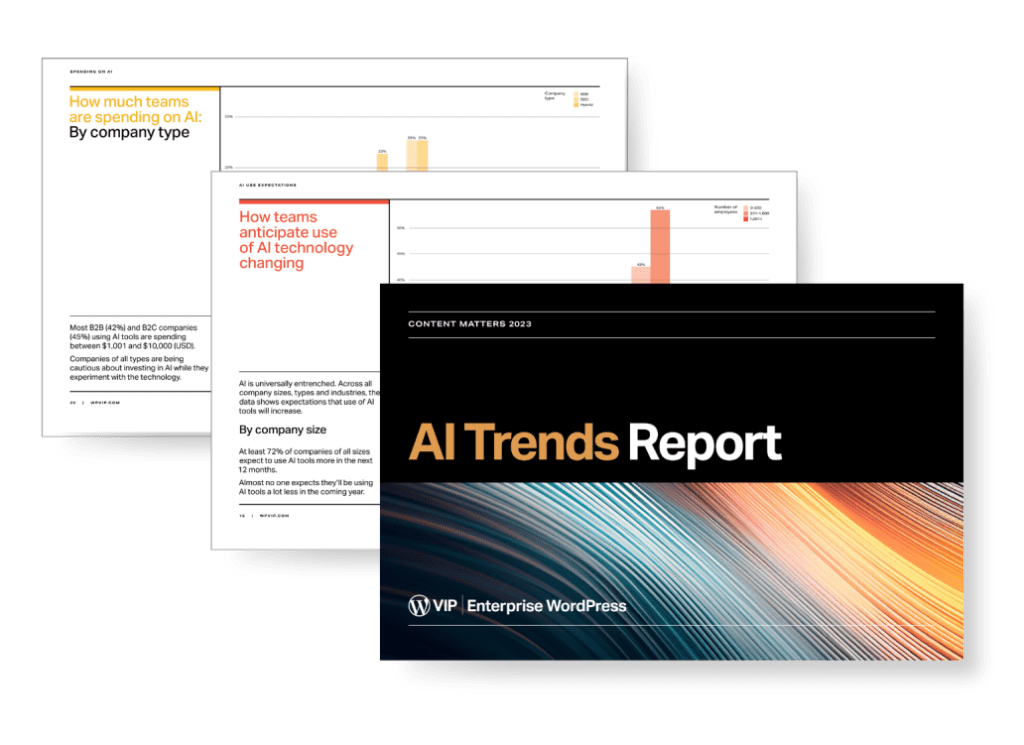 Three slides with analytics charts on business AI trends for digital solution content and performance insights.
