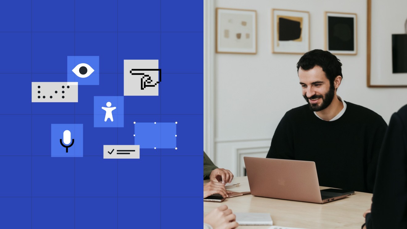 Split image showing an illustration of a laptop surrounded by accessibility tools and interface elements — such as voice input, cursor navigation, and assistive symbols — next to a photo of a team member collaborating at a laptop, representing accessibility governance and collaboration within large organizations.