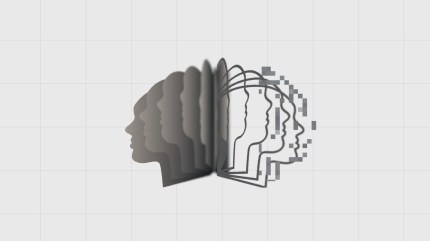 Multiple overlapping human profiles transition from solid to pixelated outlines, symbolizing agent experience in content operations and digital transformation.