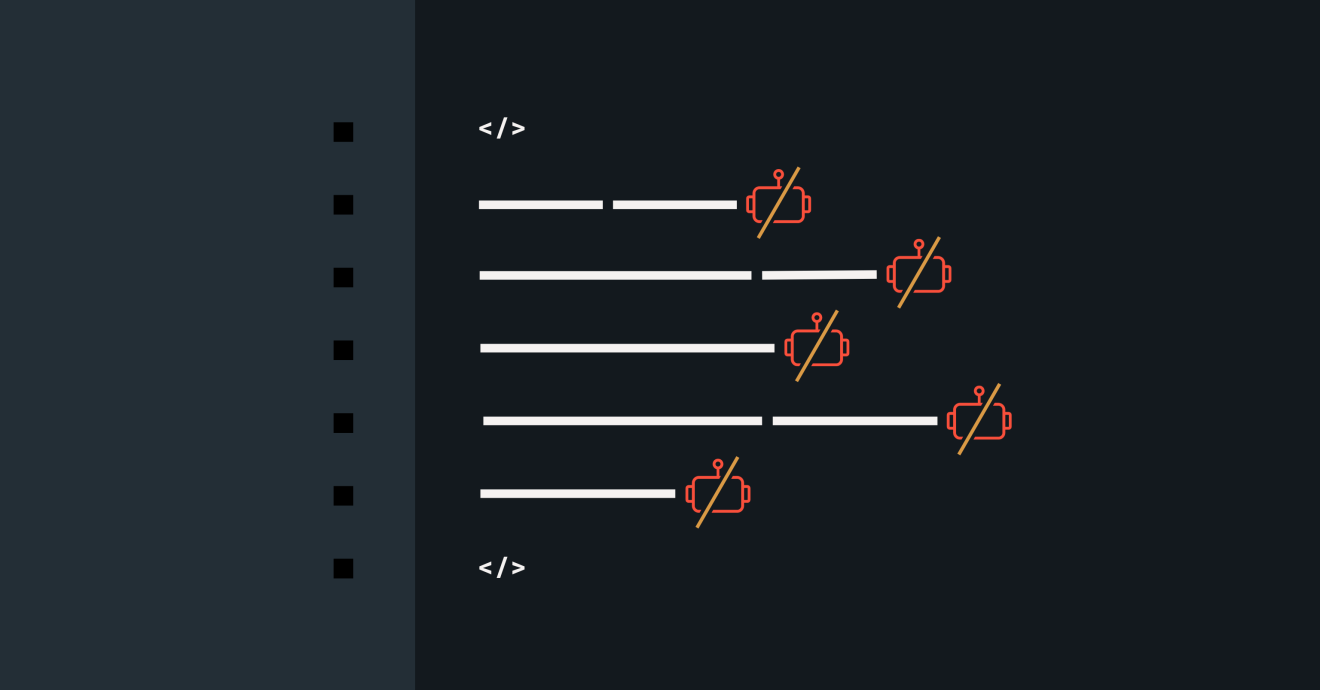 Abstract art graphic showing code lines & bot icons with a slash