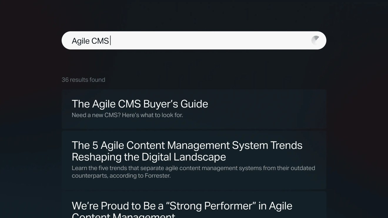 Search bar with 'Agile CMS' query and related results in digital solution content dashboard.