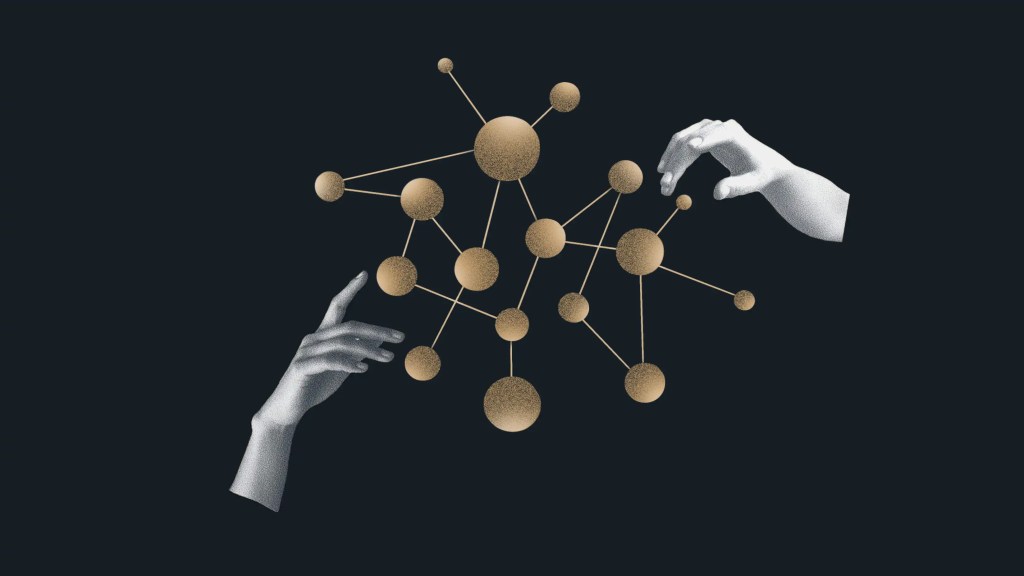 Two hands interacting with a network of golden spheres representing digital solution integration.