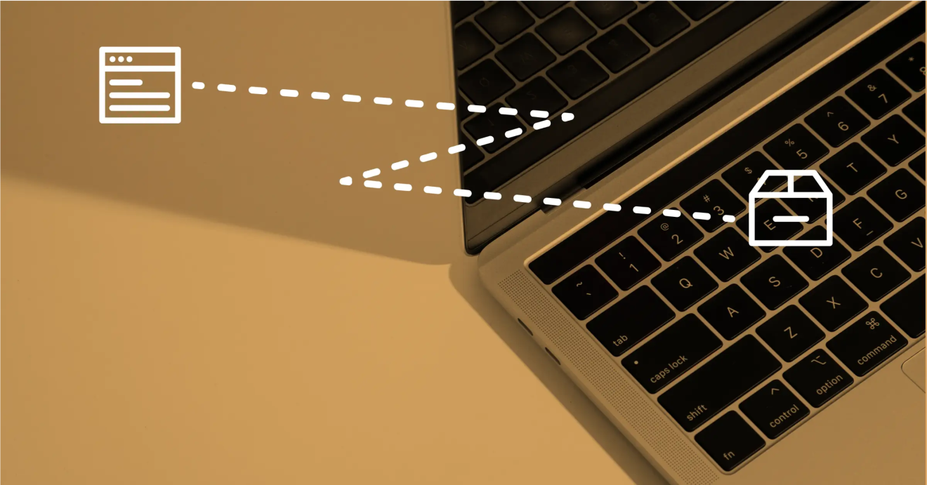 Icon of a message with a dotted line zig-zagging to an icon of a closed box, both are superimposed over the image of a laptop partially in view.