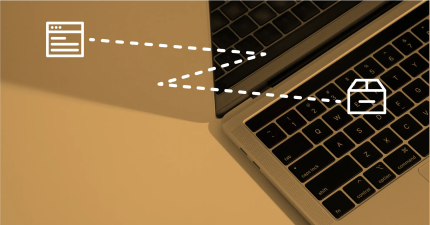Icon of a message with a dotted line zig-zagging to an icon of a closed box, both are superimposed over the image of a laptop partially in view.