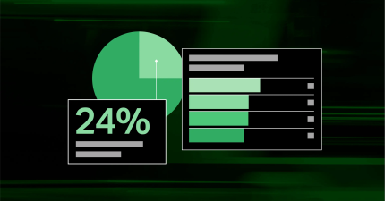 Green pie chart and bar graph with 24% displayed prominently on a dark background, illustrating budgets and teams data at a glance.