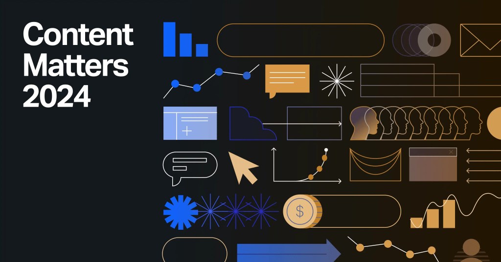 Content Matters 2024 digital solution banner with content analytics icons and data charts on dark background.