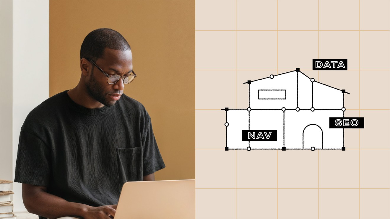 A split-screen design. On the left, a man wearing glasses and a black shirt works on a laptop against a warm beige background. On the right, a stylized house diagram is constructed with vector points and lines on a beige grid. Labels reading “NAV,” “DATA,” and “SEO” are placed at different parts of the house structure, suggesting content architecture concepts.