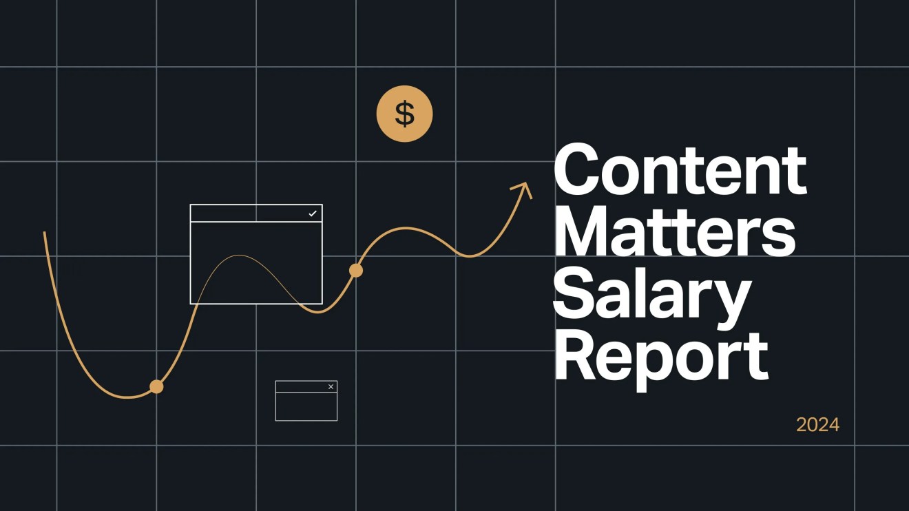 Digital solution dashboard graphic with gold upward trend, dollar sign icon, Content Matters Salary Report 2024 text.