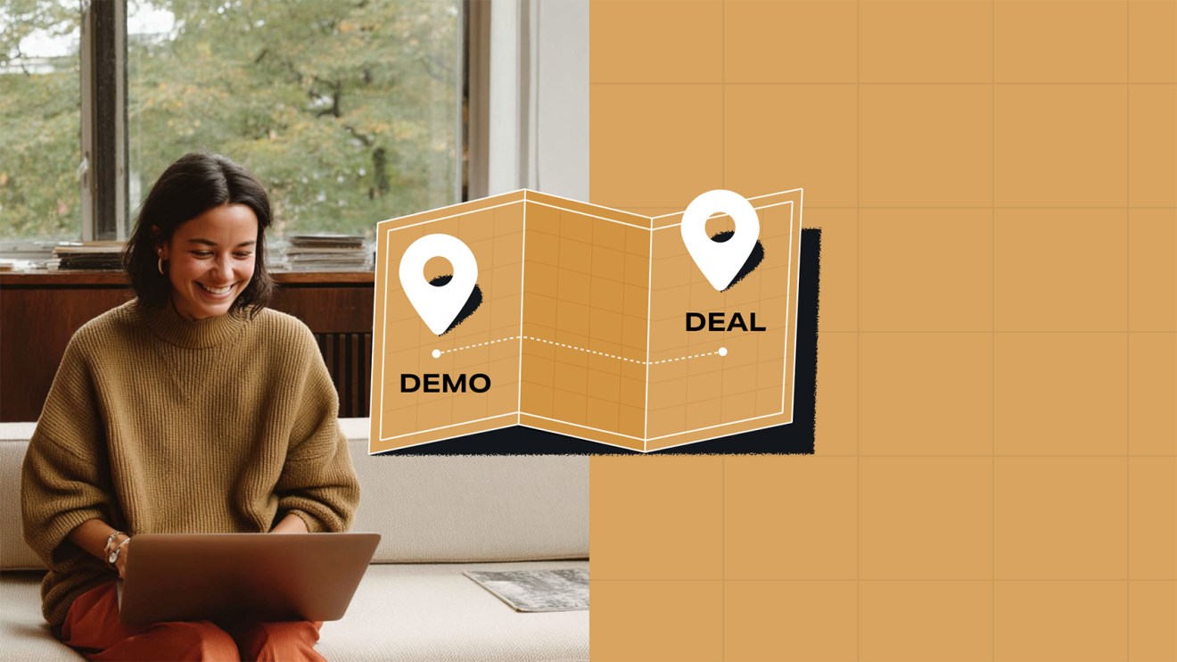 A smiling woman sits on a couch using a laptop, positioned on the left side of the image. On the right, a tan-colored illustration shows a folded map marked with two pins labeled “DEMO” and “DEAL,” connected by a dotted line—symbolizing the journey from product demo to closed deal. The background is a grid-style pattern in a warm beige tone.