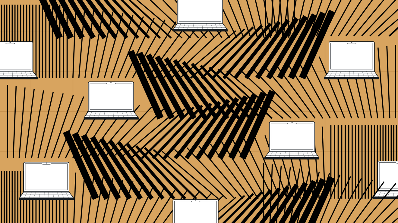 Pattern of open laptops on a tan background with black diagonal lines radiating outward, symbolizing Enterprise Digital Transformation.
