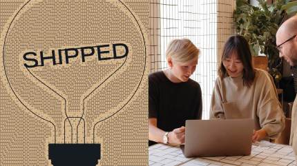 A graphic lightbulb with SHIPPED and three people collaborating at a laptop in a modern office, highlighting the power of Enterprise WordPress AI plugins.