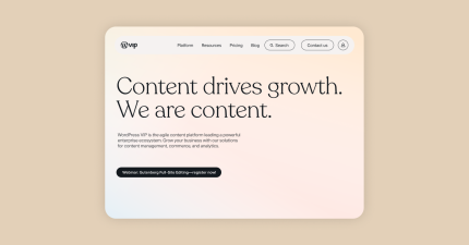 Homepage of a digital solution featuring the message “Content drives growth” and top navigation for content management.