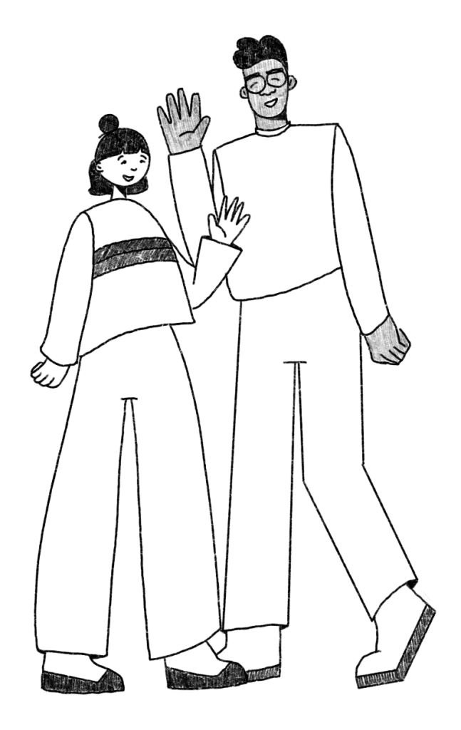 Two people smiling and waving, representing collaboration in a digital solution or publishing workflow.